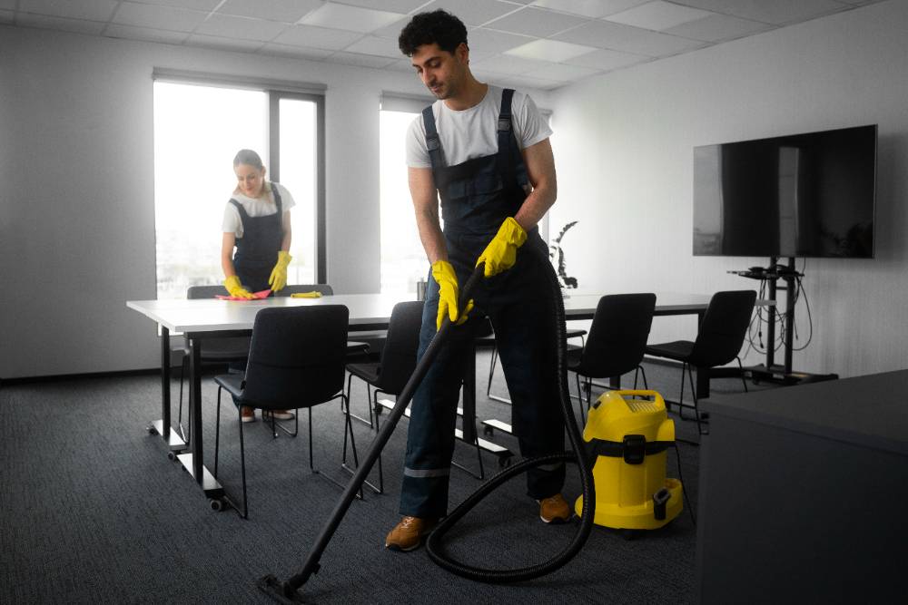 Full shot people cleaning office